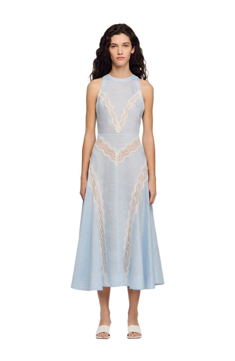 SANDRO Maxi dress with lace details, Main, color, Ciel / Blanc