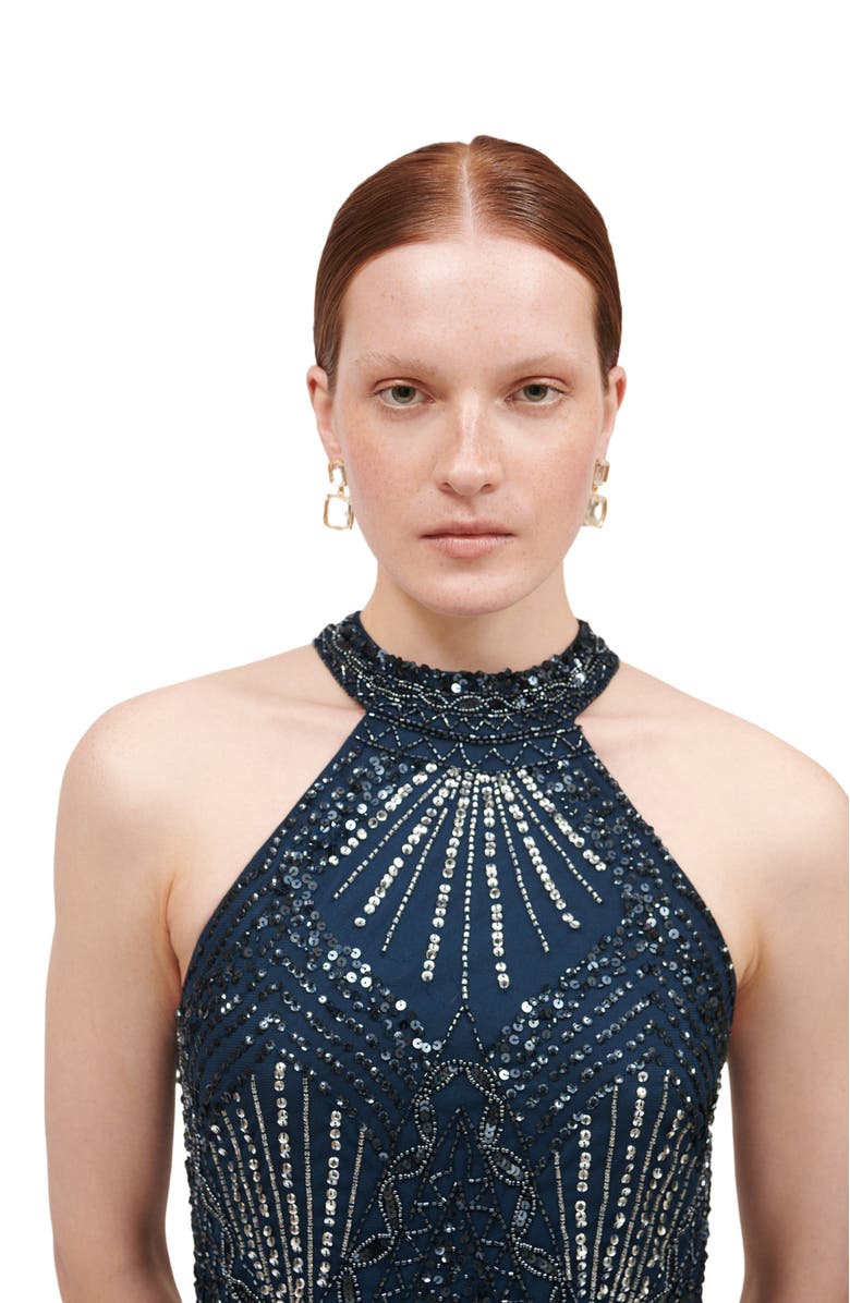 BEAUUT Occasion Embellished Sequin Beaded Halter Neck Evening Maxi Dress, Alternate, color, Navy