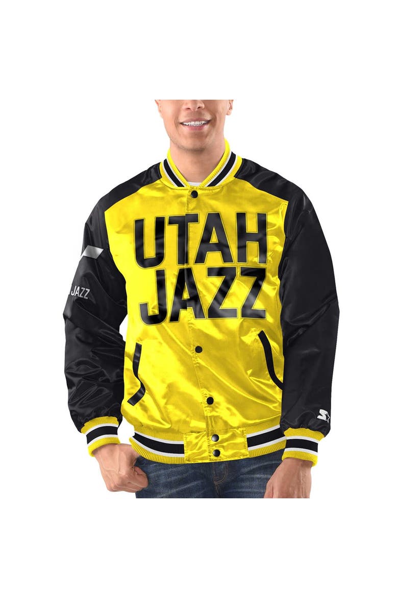 Men's Starter Yellow/Black Utah Jazz Renegade Satin Full-Snap Varsity Jacket, Alternate, color, Yellow