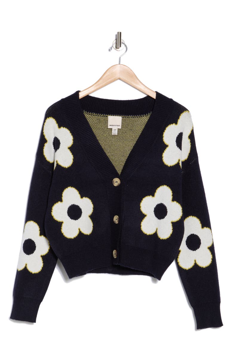 INDUSTRY REPUBLIC CLOTHING Floral Jacquard Cardigan, Alternate, color, Navy White Citron