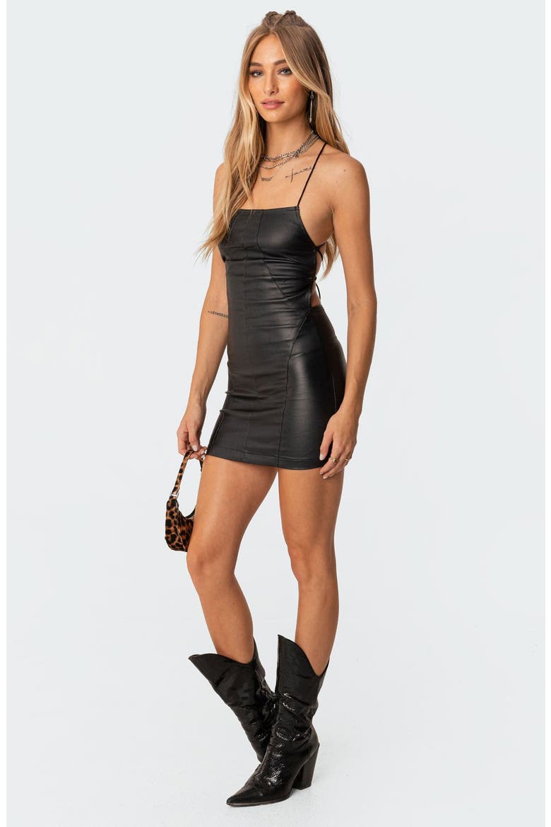 Dani Open Back Faux Leather Minidress, Alternate, color, BLACK