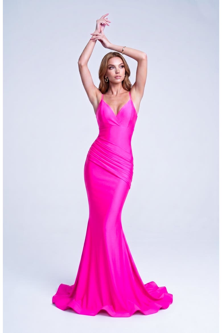 Ruched Plunge Neck Strappy Back Mermaid Evening Gown, Alternate, color, Neon Pink