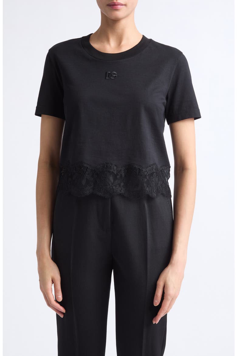 Logo Embroidered Lace Trim T-Shirt, Main, color, NERO