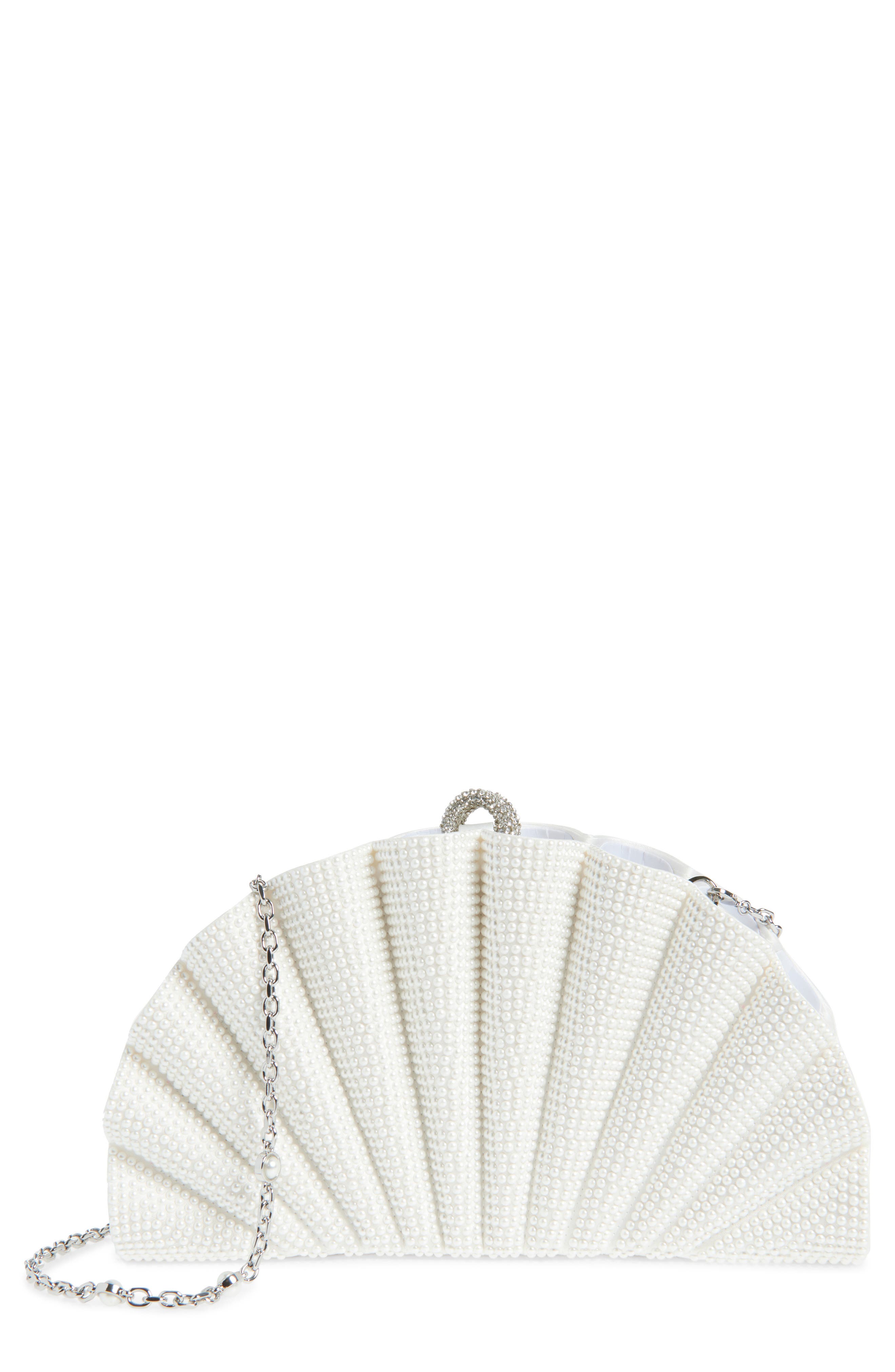 JUDITH LEIBER COUTURE Origami Fan Faux Pearl Embellished Satin Clutch, Main, color, 
