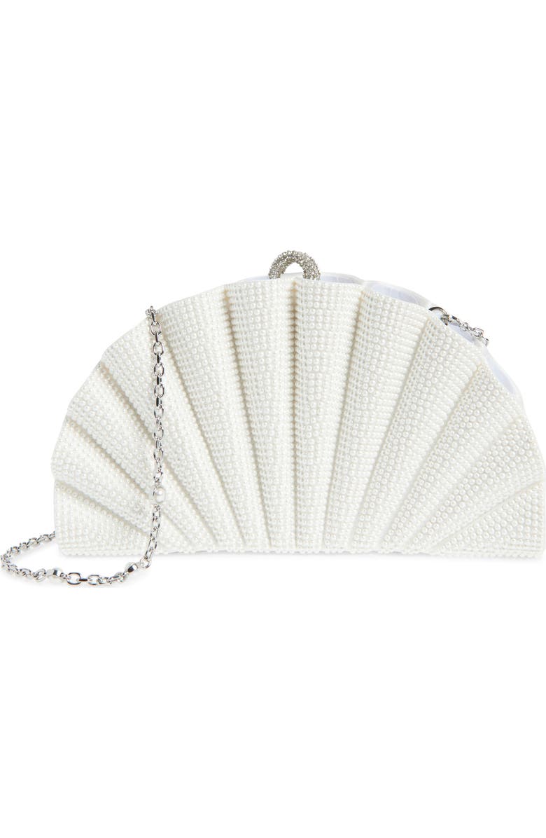 JUDITH LEIBER COUTURE Origami Fan Faux Pearl Embellished Satin Clutch, Main, color,