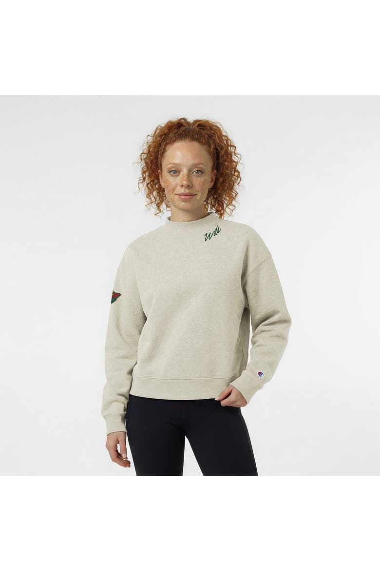 Women's Champion  Oatmeal Minnesota Wild Collar Script Triumph Fleece Crewneck Sweatshirt, Main, color, Oatmeal