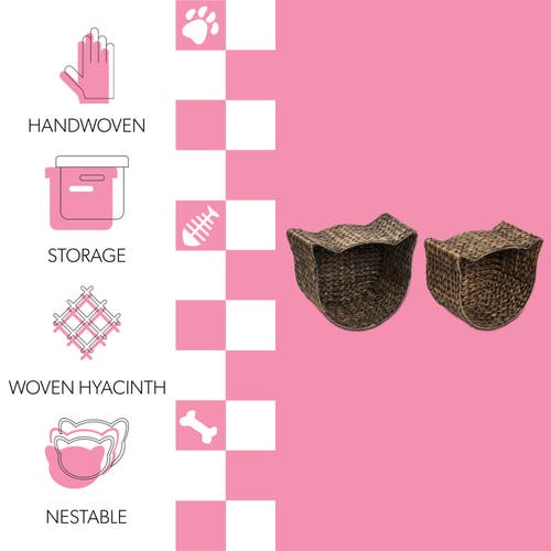 The Licker Store Felix Cat-shaped Hand Woven Water Hyacinth Nesting Pet Toy Organizer Baskets In Brown