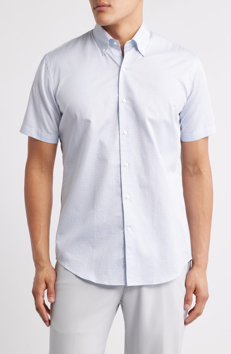 Peter Millar King Geometric Print Short Sleeve Button-Down Shirt, Main, color, Evening Tide