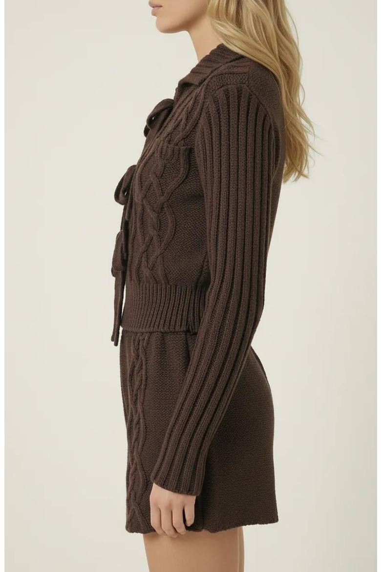 Ribbed Knit Romper with Bow Tie Front and Long Sleeves, Alternate, color, Brown