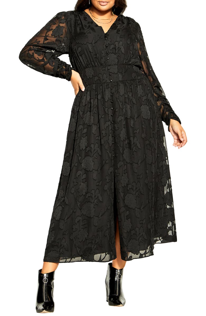 City Chic Sweet Sass Long Sleeve Burnout Chiffon A-Line Dress, Main, color, 