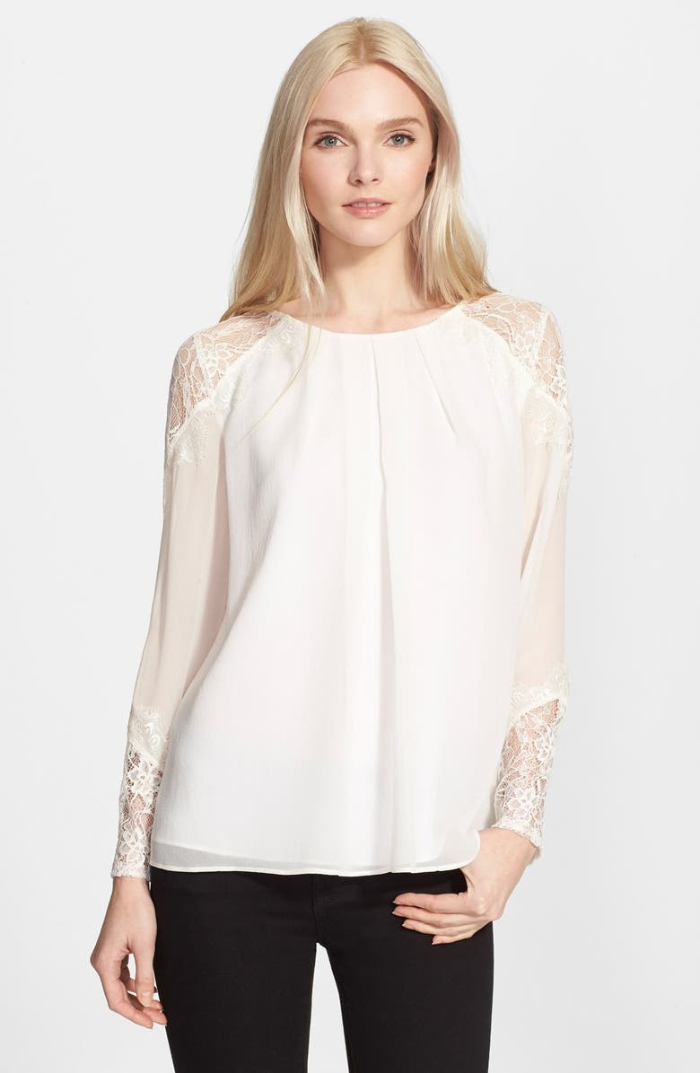 Alice + Olivia 'Danyelle' Lace Inset Silk Blouse, Main, color,