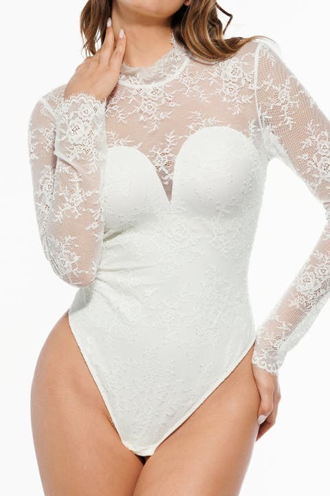 Shapewear Mock Neck Long Sleeve Floral Lace Bodysuit
