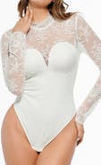 Popilush Shapewear Mock Neck Long Sleeve Floral Lace Bodysuit