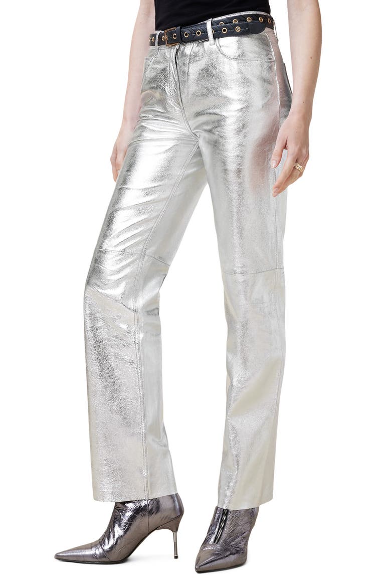 Saige Foil Leather Pants, Alternate, color, GUNMETAL