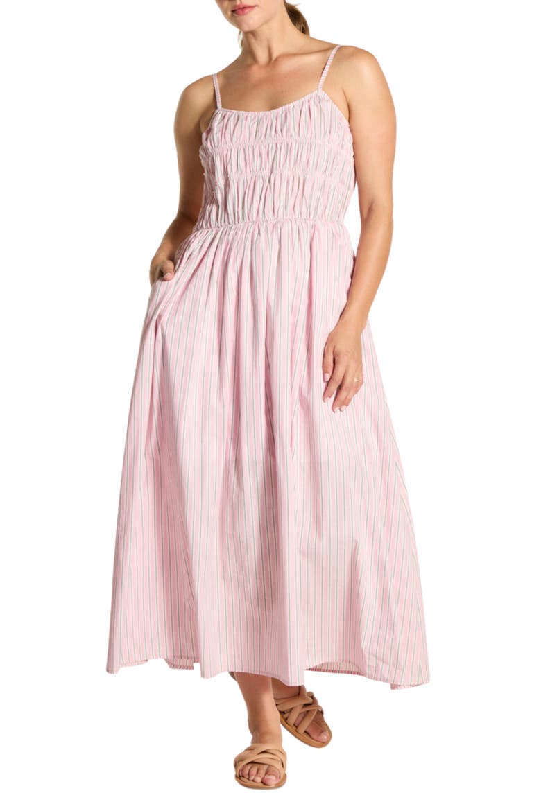Sleeveless Smocked Midi Dress, Main, color, PINK/ WHITE STRIPE