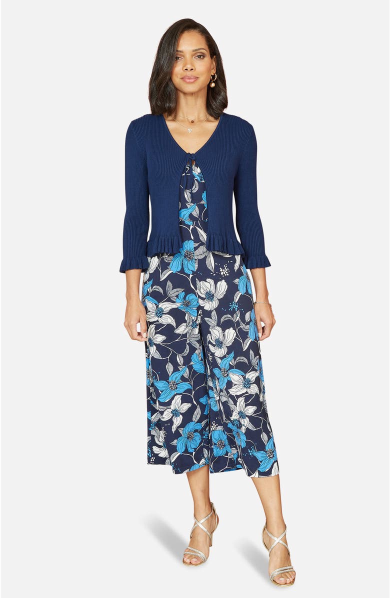 Yumi Tie Up Ribbed Frill Hem Cardigan, Alternate, color, Navy