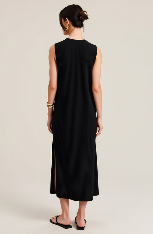 Modenaire Sleeveless Ribbed Knit Midi Dress With Side Slit And Crew Neckline In Black