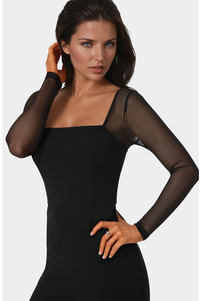 Square Neck Mesh Long Sleeve Jumpsuit, Alternate, color, BLACK