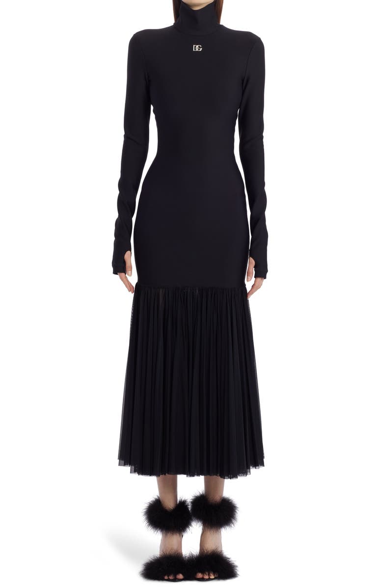 Dolce&Gabbana Long Sleeve Scuba Knit & Tulle Turtleneck Midi Dress, Main, color,