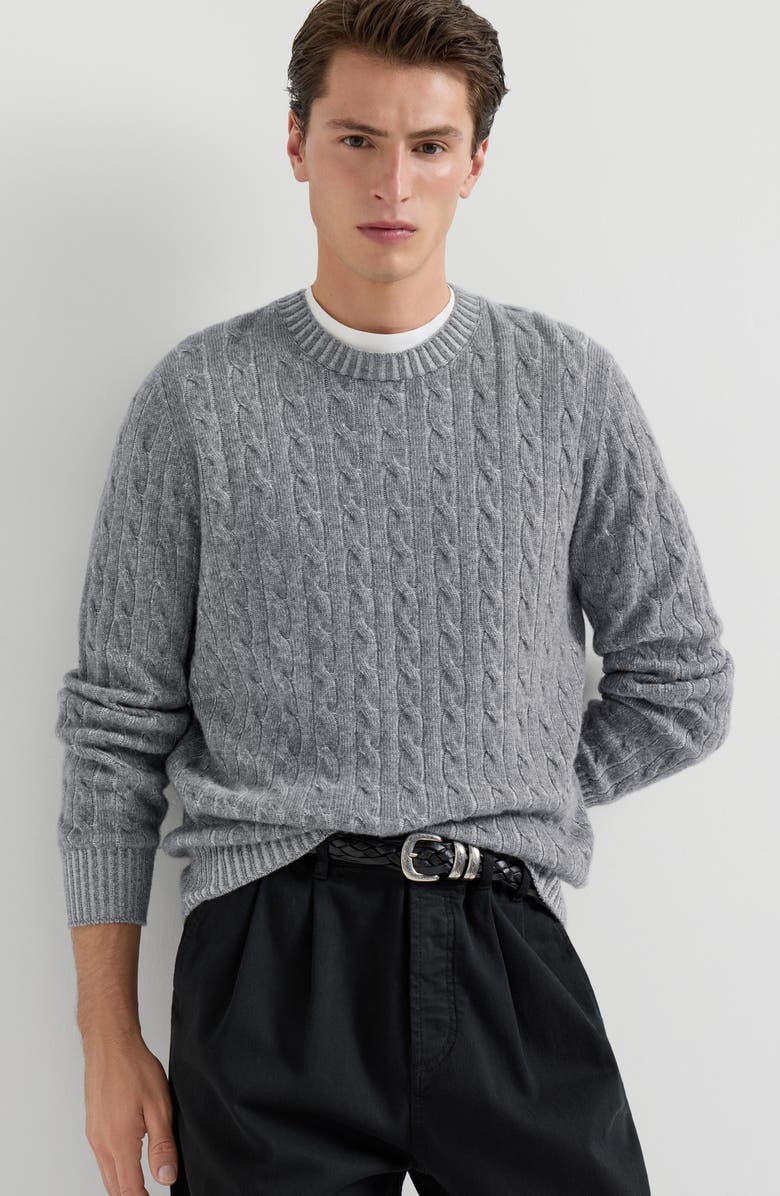 Brunello Cucinelli Cashmere vanisé cable knit sweater, Alternate, color, Dark Grey