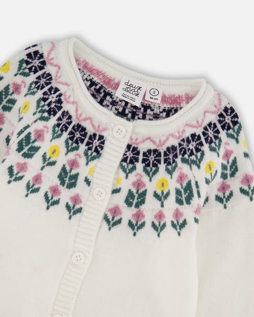 Deux Par Deux Jacquard Knit Cardigan With Floral In White