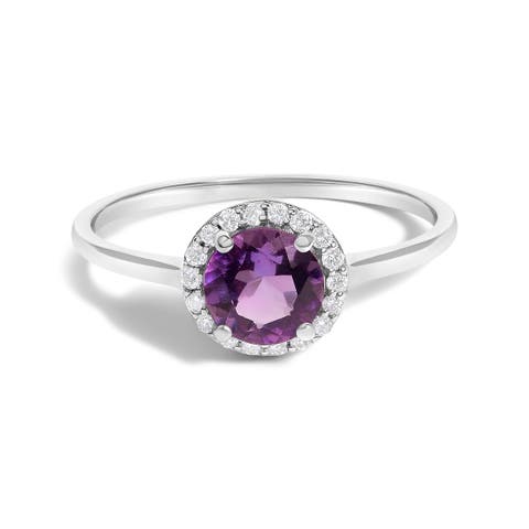 10K Gold Gemstone and 1/10 Cttw Diamond Halo Birthstone Ring