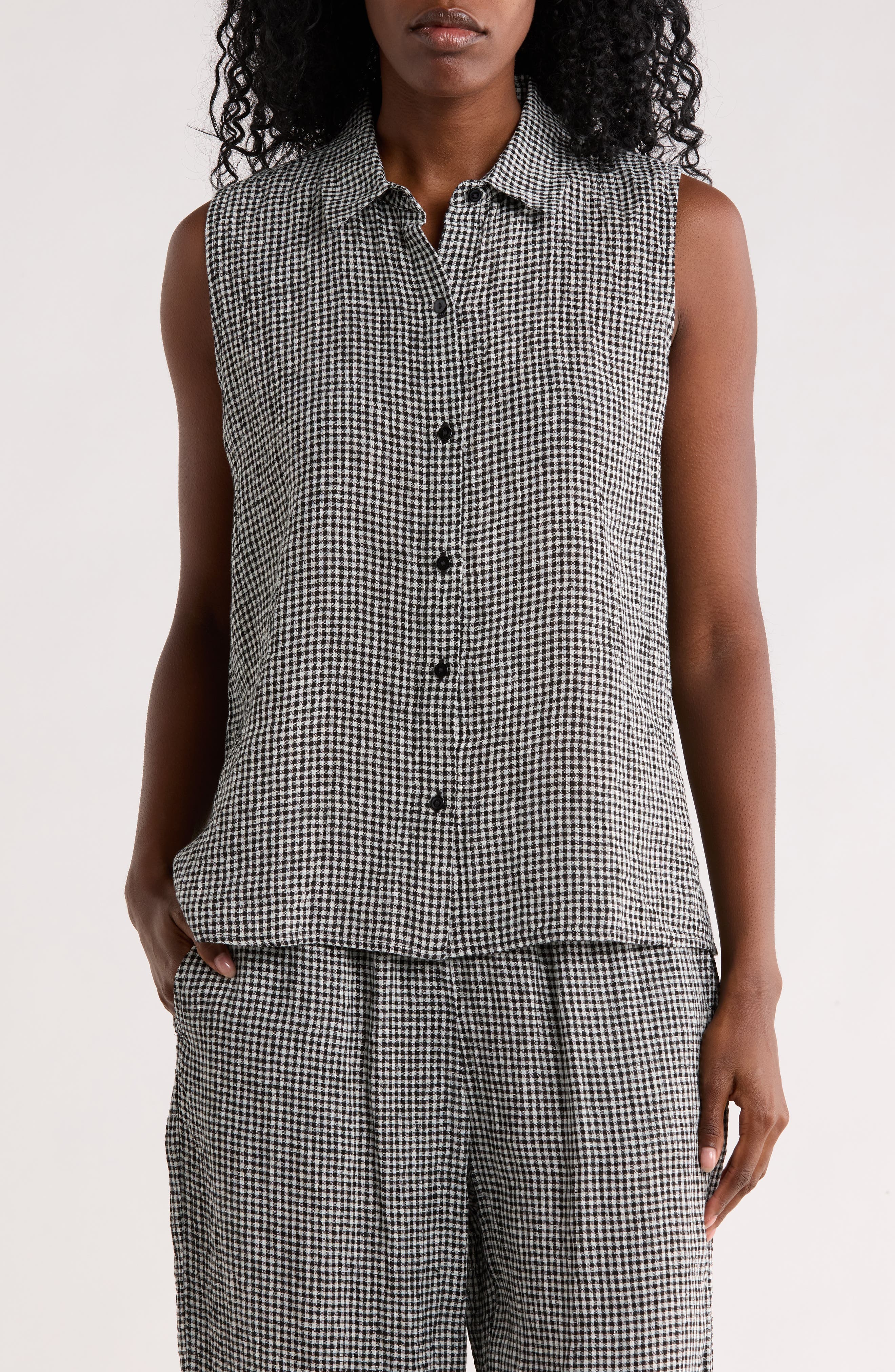 Eileen Fisher Classic Collar Sleeveless Organic Cotton Button-Up Shirt