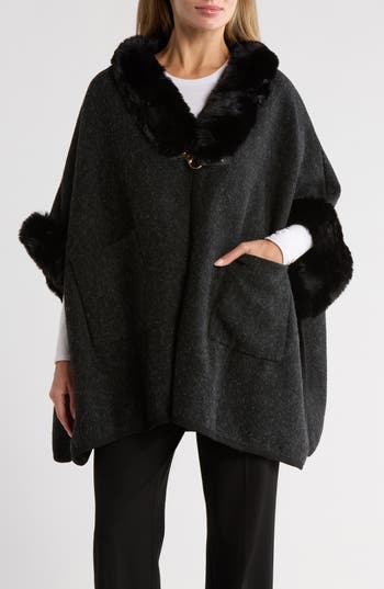 Nanette Lepore Faux Fur Trim Ruana In Black