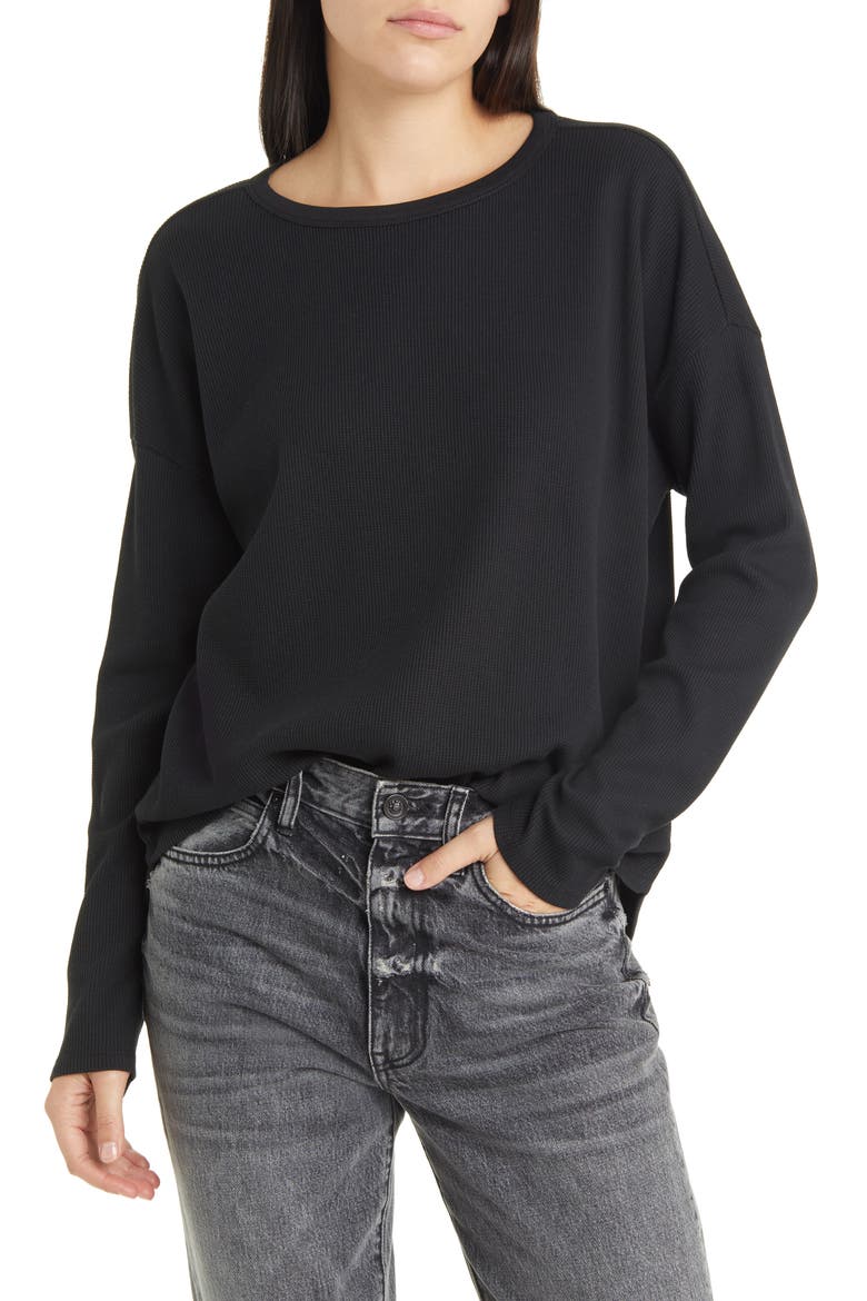 Oversize Cotton Blend Thermal Knit Top, Main, color, BLACK