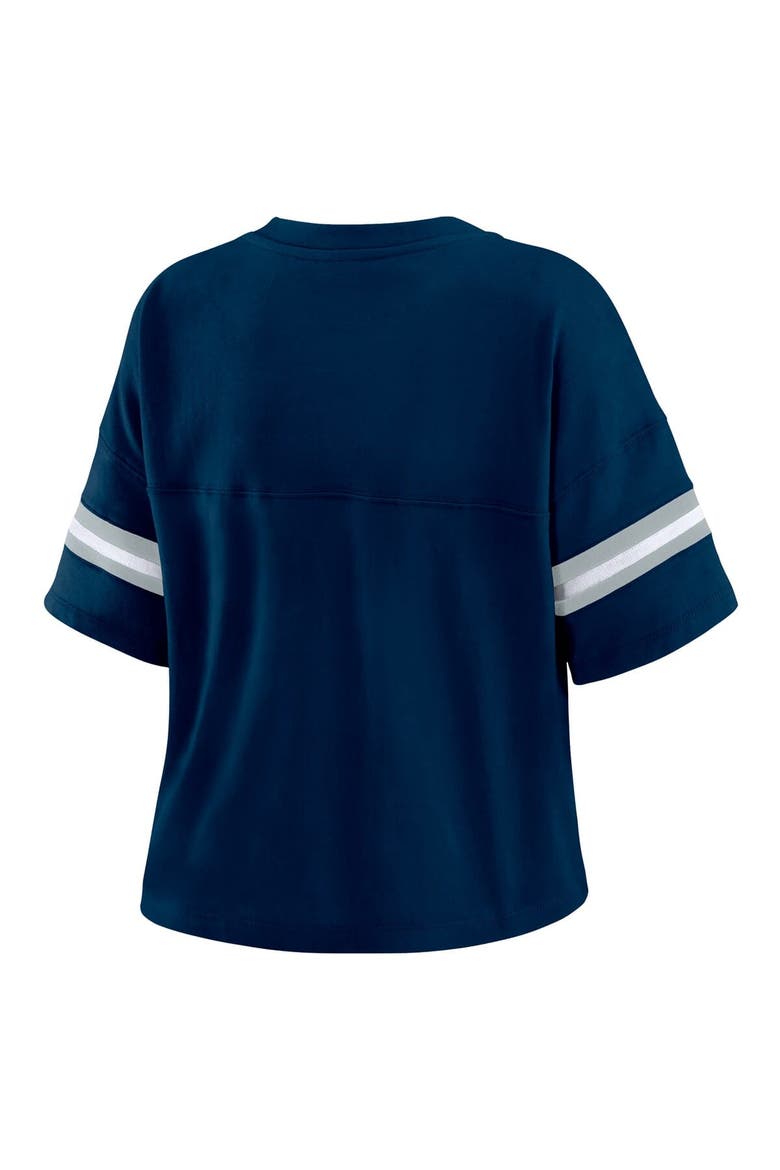 Women's WEAR by Erin Andrews Navy Dallas Cowboys Color Block Boxy Modest Crop V-Neck T-Shirt, Alternate, color, Navy