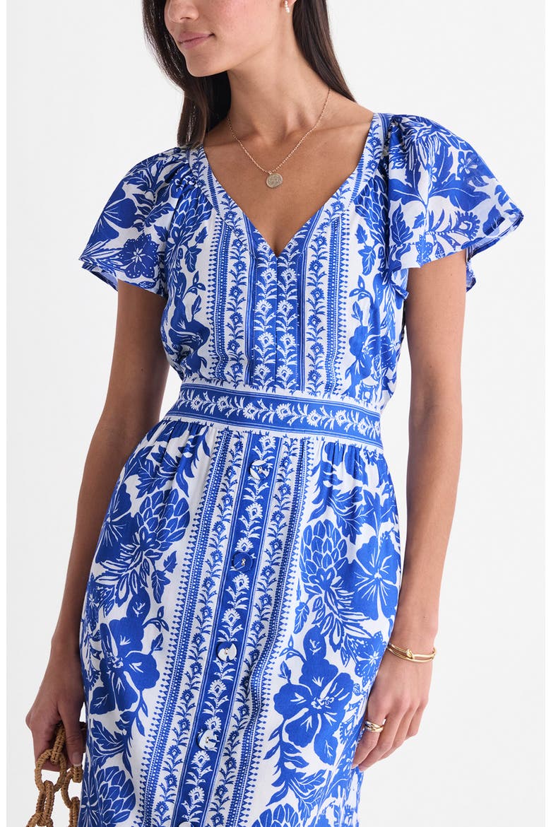 Britt Floral Short Sleeve Midi Dress, Alternate, color, SCARF PRINT WHITE