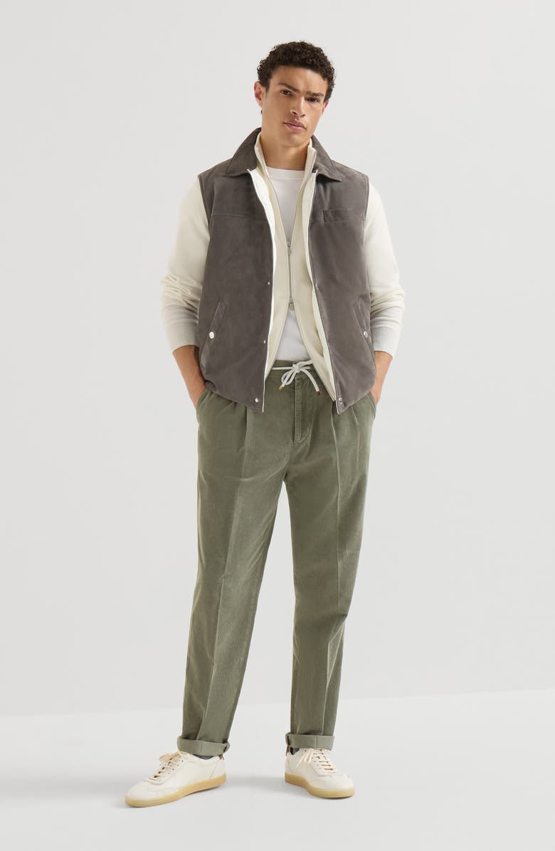 Brunello Cucinelli Garment-dyed trousers in cotton narrow wale corduroy with drawstring and double pleats, Alternate, color, Military