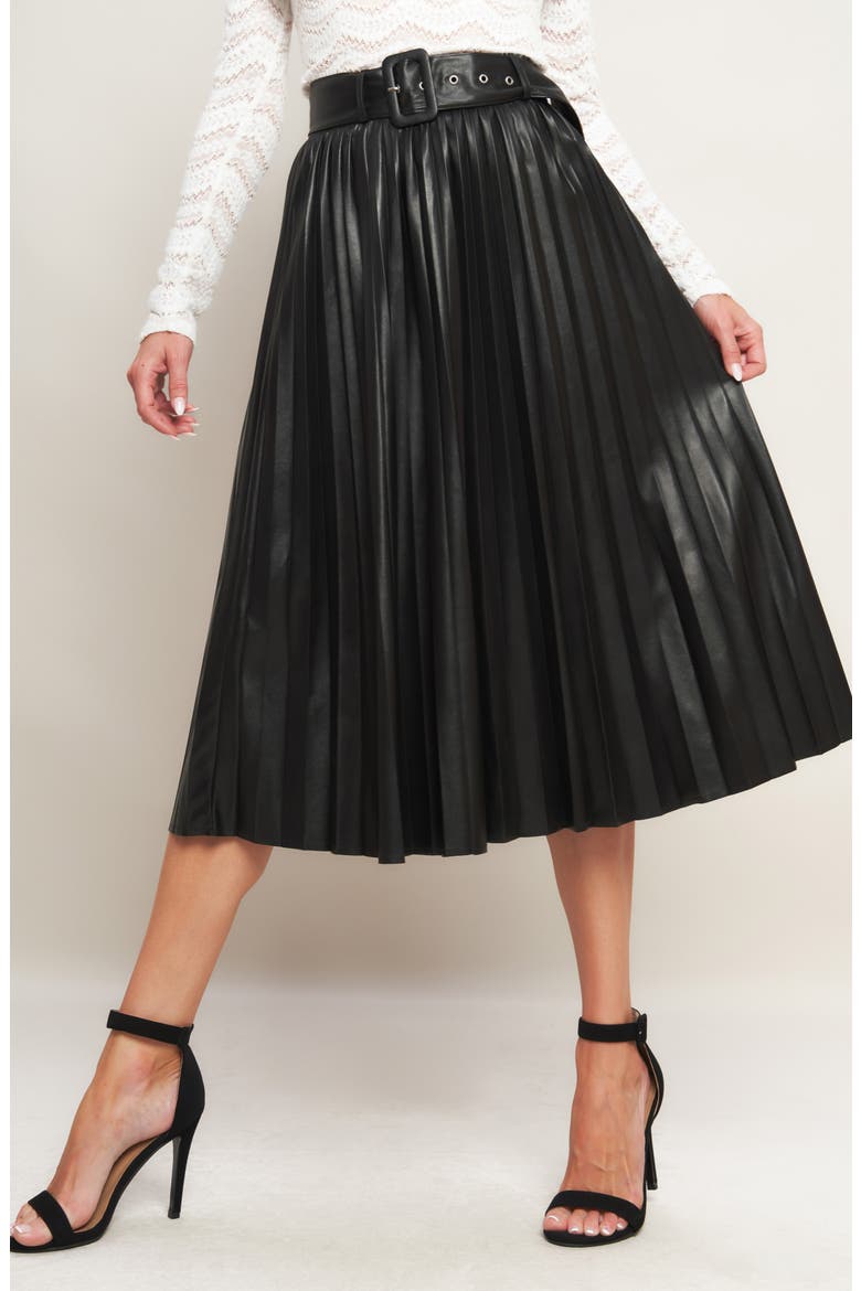 Faux Leather Pleated Midi Skirt, Alternate, color, BLACK
