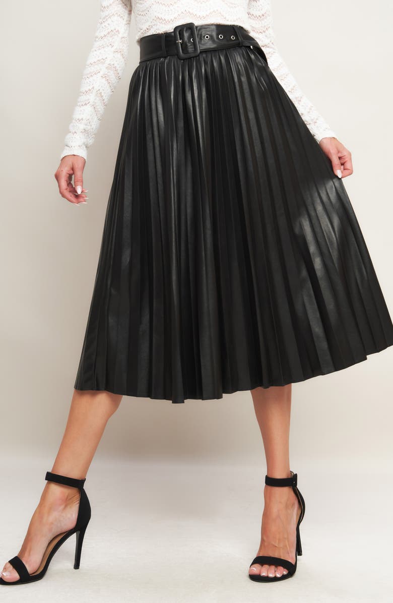 FLYING TOMATO Faux Leather Pleated Midi Skirt, Alternate, color, Black