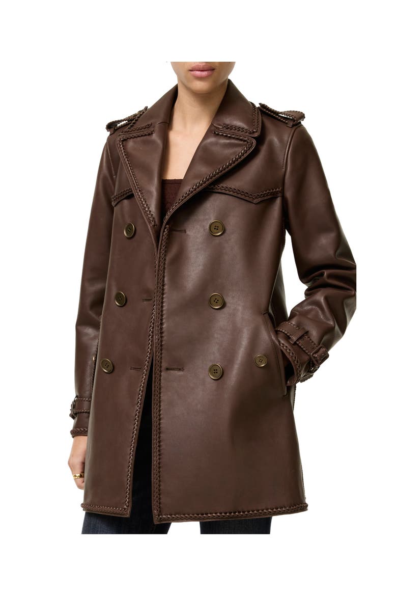 Short Fringed Leather Trench Coat, Main, color, Mid brown