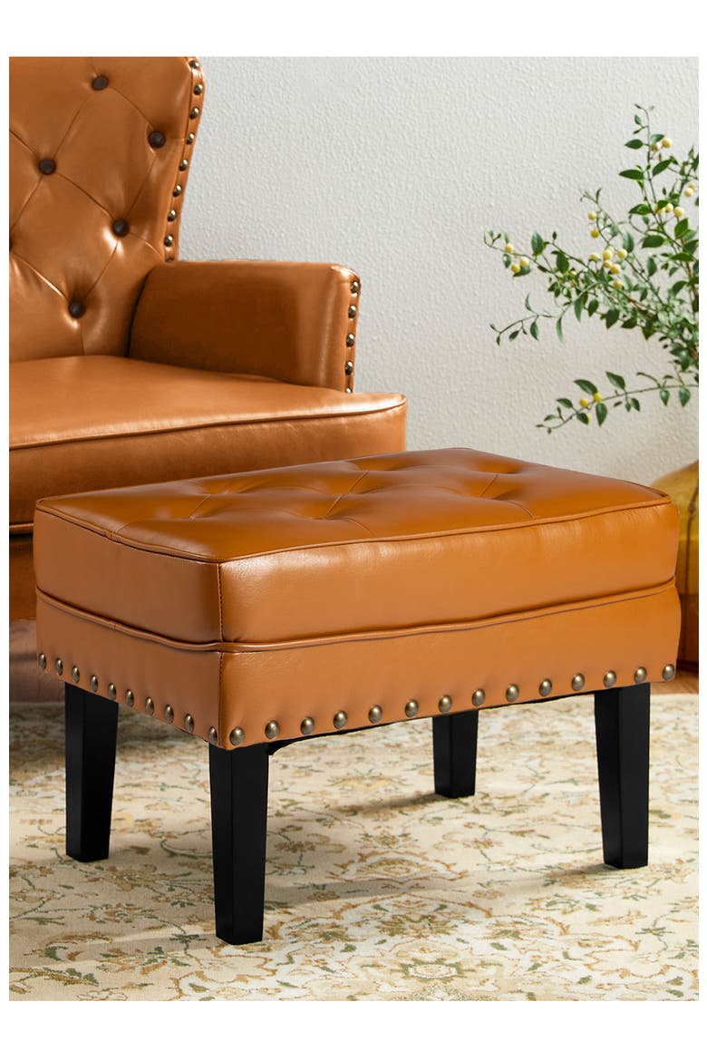 Modern Faux Leather Button-tufted Accent Stool, Alternate, color, Yellow