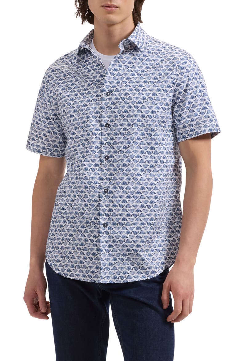 Orson Flamingo Print Short Sleeve Stretch Cotton Button-Up Shirt, Main, color, NAVY