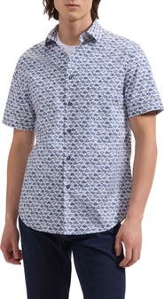 Bugatchi Orson Flamingo Print Short Sleeve Stretch Cotton Button-Up Shirt