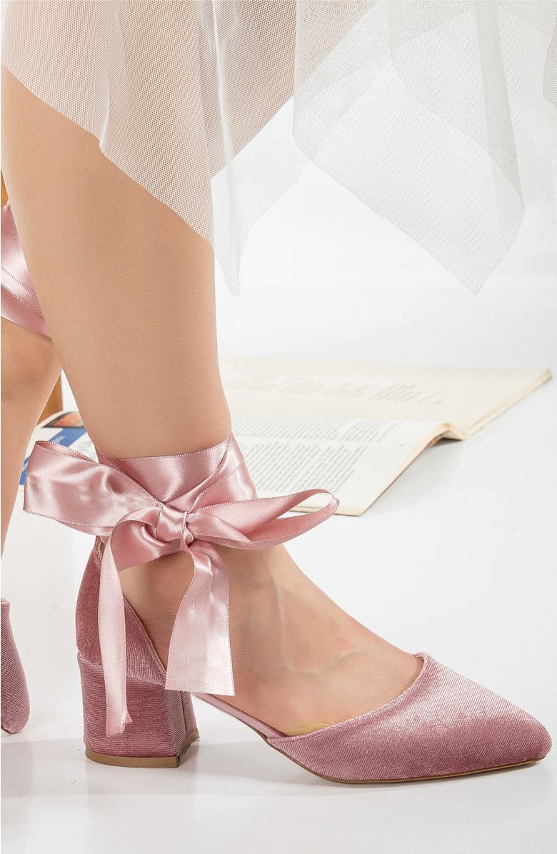 Forever & Always Shoes Fiona Low Block Heels with Ribbon, Alternate, color, Rose Velvet