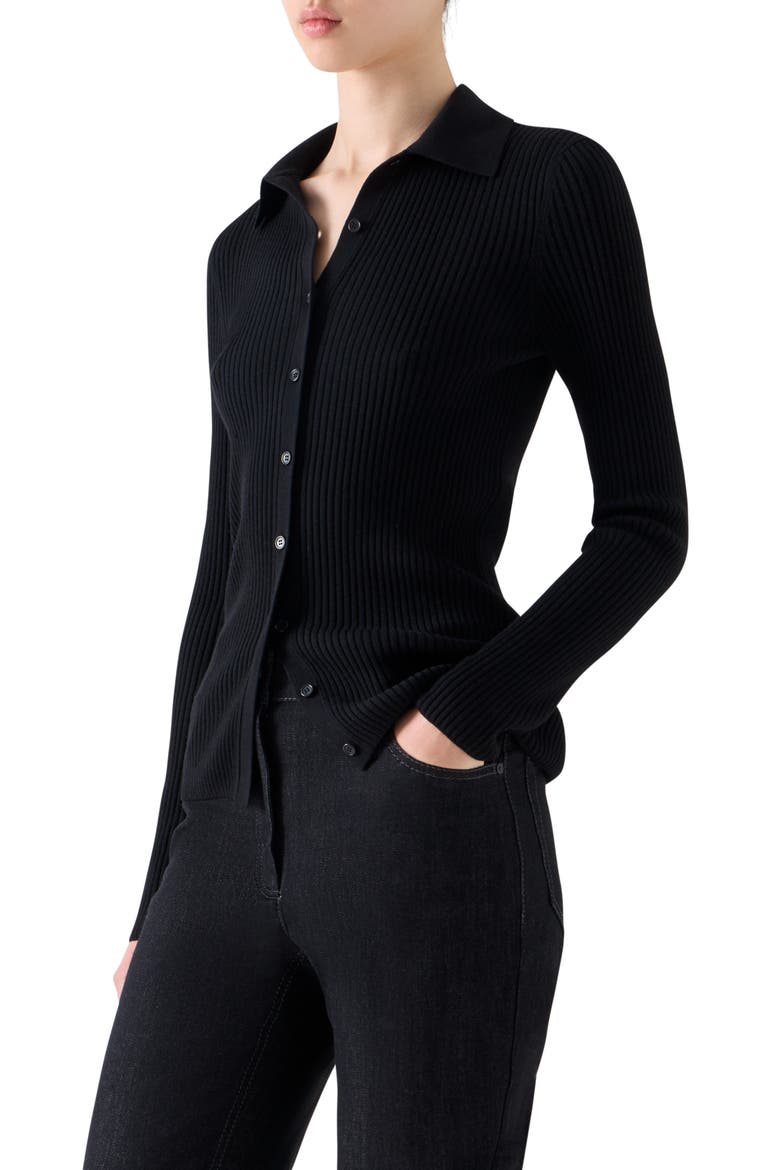 Fitted Virgin Merino Wool Rib Cardigan, Alternate, color, BLACK