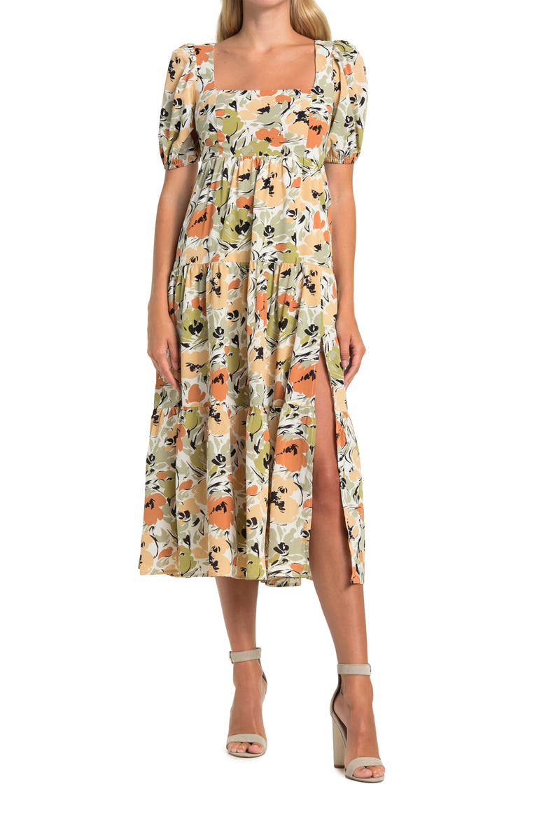 Square Neck Midi Dress, Main, color, RUST SAGE FLORAL