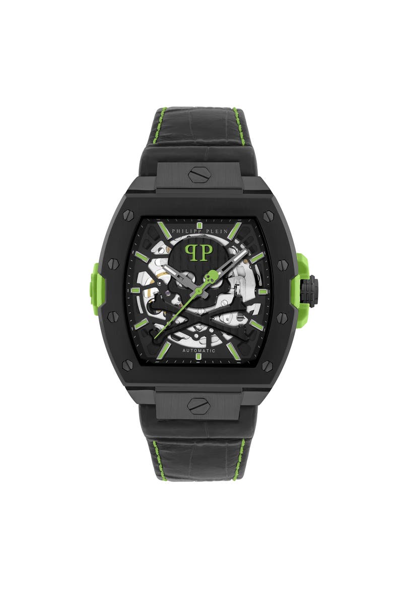 $keleton 2.0 Automatic Leather Strap Watch Men, Main, color, black+greenfluo
