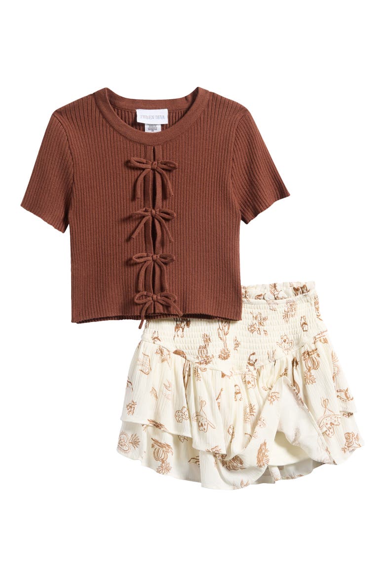 Kids' Bow Sweater, Skirt & Hair Tie Set, Alternate, color, BROWN