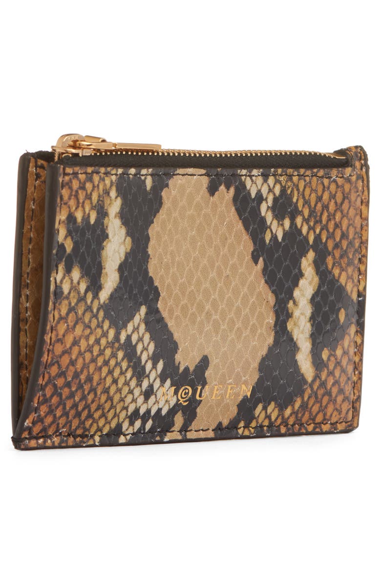 McQueen Python Print Calfskin Leather Zip Card Holder, Alternate, color, Brown/ Gold