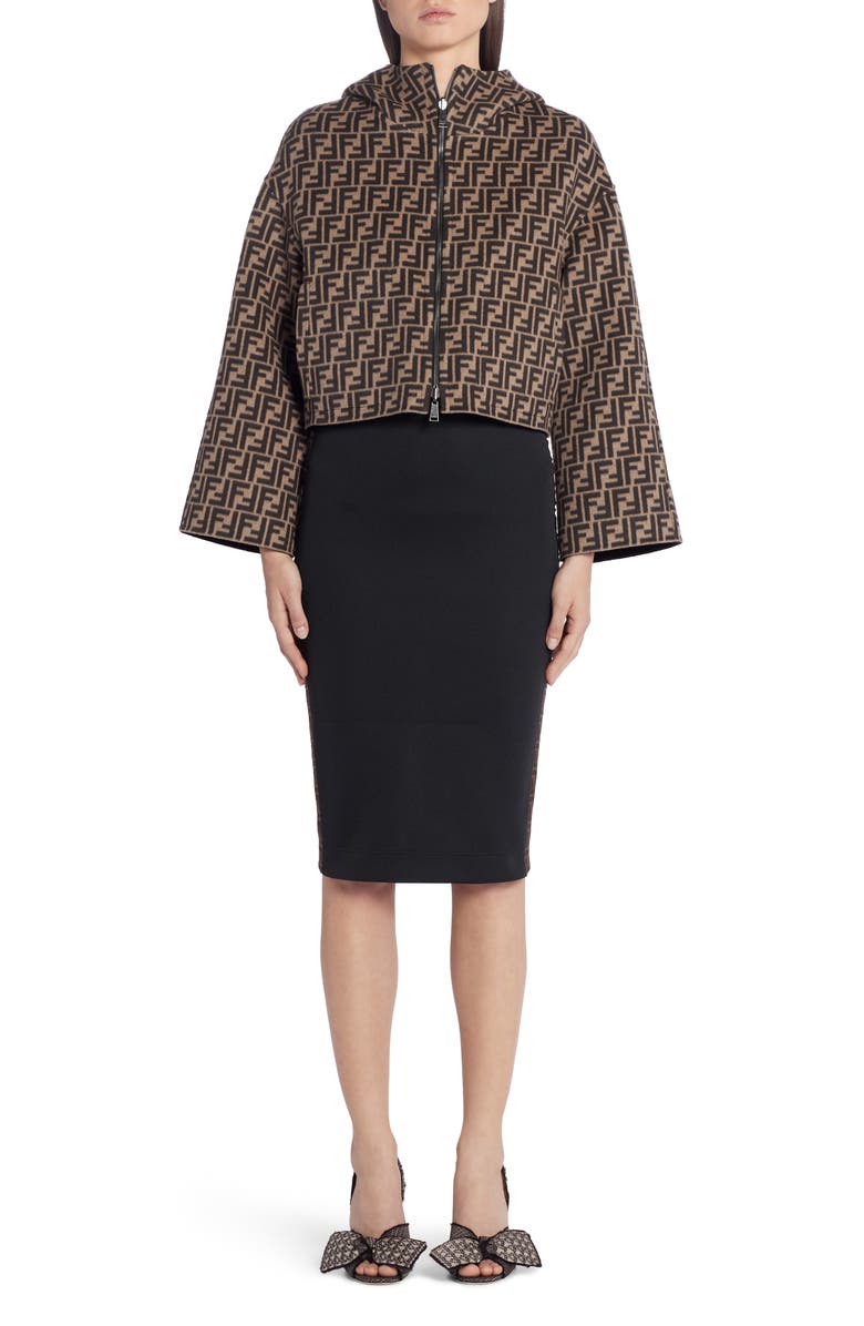 Fendi Leather Pocket Reversible FF Wool & Silk Hooded Jacket, Alternate, color,