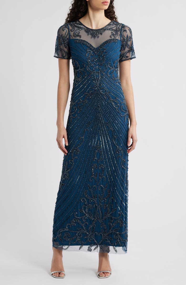 Pisarro Nights Illusion Beaded Mesh Column Gown, Main, color, Peacock