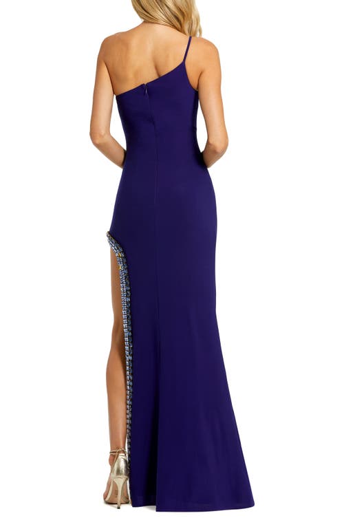 Mac Duggal One Shoulder Gown With Embellished Slit In Indigo