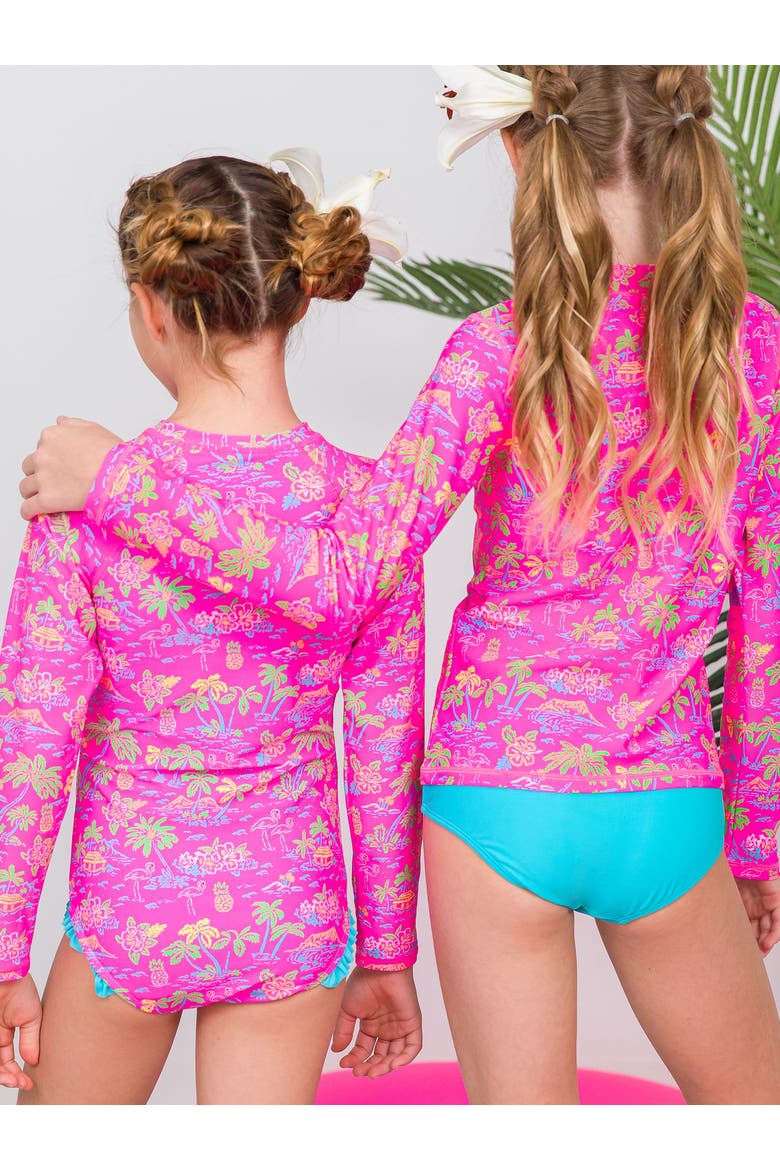Long Sleeve Zipper Rash Guard 2-piece Bikini Swimsuit, Alternate, color, Neon Island Time