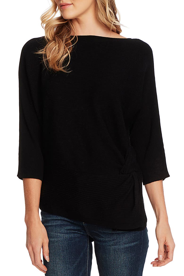 Twist Dolman Sleeve Ribbed Asymmetrical Top, Main, color, RICH BLACK