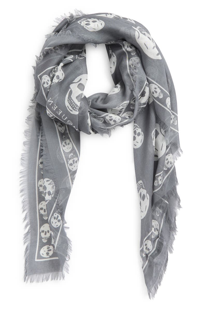 McQueen Skull Print Silk Scarf, Main, color, Lead/ White